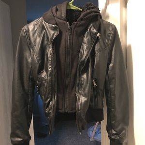 Hooded leather bomber jacket
